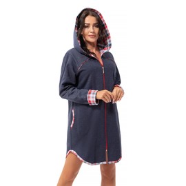 DOROTA Trendy and Cosy Women's Cotton Bathrobe, Made in the EU, Various Designs, Dark Blue-Chequered