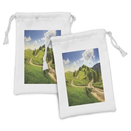Ambesonne Landscape Fabric Pouch Set of 2, Hillside Meadows Cloudy Sky Fence near the Road with Fir Trees on Both Sides, Small Drawstring Bag for Toiletries Masks and Favors, 9" x 6", Green Blue