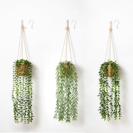 Mokof 3 Pack Faux Hanging Plants with Handwoven Baskets, 33" Long Fake Indoor Plants for Wall, Shelf, Ceiling Decor, Realistic Artificial Greenery for Living Room, Bedroom, Bathroom, Home Office