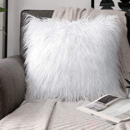 Phantoscope Faux Fur Pillow Cover Decorative Fluffy Throw Pillow Mongolian Soft Fuzzy Pillow Case Cushion Cover for Bedroom and Couch,True White 18 x 18 Inches