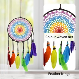 WisePoint Dream Catcher, Handmade Fairy Dream Catcher with Colourful Feathers, Bohemian Feather Dream Catcher, Moon Dream Catcher, Hanging Wall Decor for Living Room (Rainbow Colour)