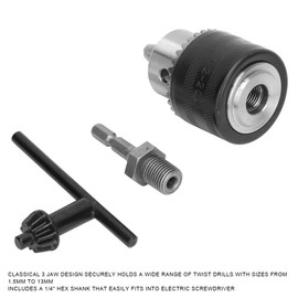 1/2-20UNF Keyed Drill Chuck, 3 Teeth 1.5mm -16MM Clamping Range with 1/4 Inch Hex Shank for Hammer Converter Conversion Tool