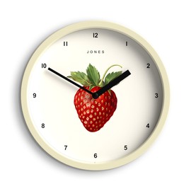 Jones Clocks® Fruit wall clock | Small modern round clock | 20cm | Cream | Illustrated strawberry artwork | Ideal for kitchen, office, children's room or any small space