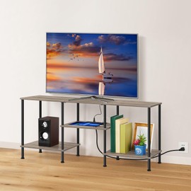 BTY Farmhouse TV Stand with Storage Industrial TV Console with Power Outlet, 45 Inch Wooden TV Entertainment Cente for Living Room, Bedroom, Small Space, Grey