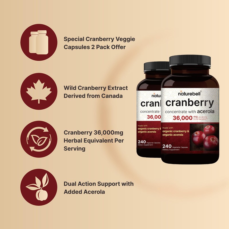 NatureBell 2 Pack Cranberry Concentrate with Acerola, 240 Vegetarian Capsules