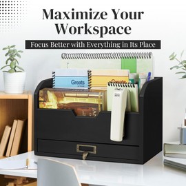 Flexzion 3 Tier Wooden Desk Organizer - Country Rustic Mail Organizer Countertop Compartments Slot File Tray Pencil Sorter Shelf Holder Accessories Set with Storage Drawer for Home Office, Light Brown