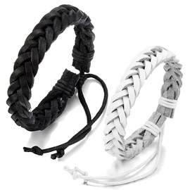 JewelryWe 2-Pack Wave Leather Black & White Bracelets - Adjustable Wristband - Great for Men, Women, Teens, Boys, Girls (with Gift Bag)