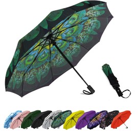 Siepasa Windproof Travel Compact Umbrella, 8-Ribs Anti-UV Waterproof Folding Umbrella with Telfon Coating-One Button for Auto Open and Close (Green peacock)