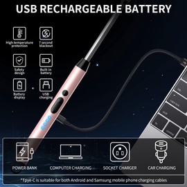 NorOasis 2-Pack Rechargeable Electric Candle Lighters, Flameless Windproof Long Lighter with 360° Flexible Neck and LED Display for Candles, Camping, BBQ & Fireplace (Rose Gold)