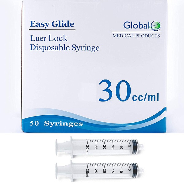 Easy Glide 30ML 30CC Luer Lock Syringe 50 Pack, No Needle, Sterile, Great for Home Care