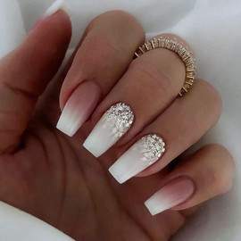 Acrylic Press on Nails Medium Coffin Fake Nails Glossy Glue on Nails White Pink Gradient Acrylic Nails Fall Winter False Nails with Glitter Designs Artificial Stick on Nails for Women 24Pcs