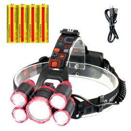 Rechargeable Headlamp,5 LED 15000 Lumen 4 Modes Zoomable Red Headlight Battery Powered Waterproof Adjustable Safety Light for Adults Outdoor Camping Hiking Working