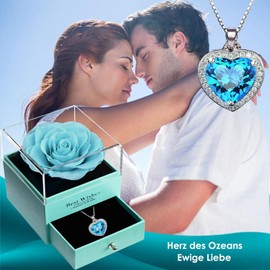 SWEETIME Eternal Rose with Chain Silver 925, Preserved Real Rose with Women's Crystal Heart Necklace, Eternal Rose Necklace, Infinity Rose Box Gift Mother Girlfriend Women, Eternal Rose