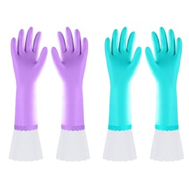 Reusable Long Dishwashing Cleaning Gloves with Latex Free, Long Cuff,Cotton Lining,Kitchen Gloves 2 Pairs(Purple+Blue,Medium)
