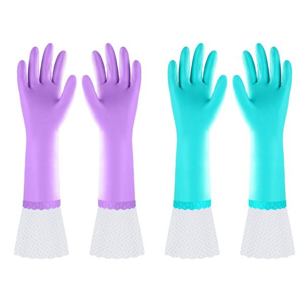 Reusable Long Dishwashing Cleaning Gloves with Latex Free, Long Cuff,Cotton Lining,Kitchen Gloves 2 Pairs(Purple+Blue,Medium)