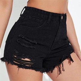 Black ripped denim shorts, perfect for everyday summer outfits. - Color: Black, Size: XS