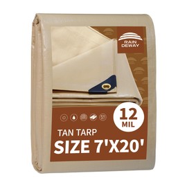 RAINDEWAY 7x20 Feet Heavy Duty Tarp,12 Mil Tan Waterproof Poly Tarp Cover,UV Resistant,Weatherproof,Durable,Multipurpose Tarps with Grommets and Reinforced Edges