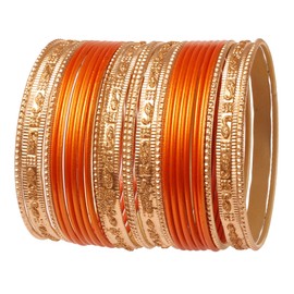 Touchstone Indian Bollywood "Colorful 2 Dozen Bangle Collection" Golden Glitters Textured Orange Color Designer Jewelry Special Bangle Bracelets Set Of 24 In Gold Tone For Women.