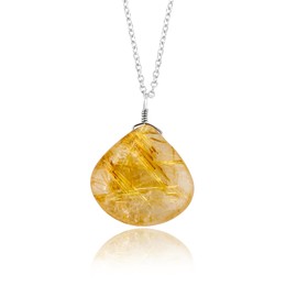 CRYSTALIS Natural Golden Rutile Gemstone Pendant Necklace, High Grade Polished Onion Crystal, Chakra Healing Cabochon, Women Jewelry, Dainty 925 Sterling Silver Chain 18 inch, Angel's Hair