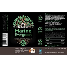 NatuRise® Omega 3 Vegan - Pets - Dogs, Cats, Horses - 100% Algae Oil - 100% Algae Flavour - 1822mg DHA & EPA - 100ml - Laboratory Tested - Triglyceride Shape - Pipette with Dosing Scale - UV Glass