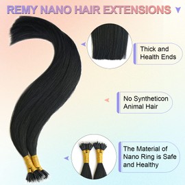 KOCONI 16 Inch Black Nano Rings Hair Extensions Real Human Hair Extensions Double Drawn Nano Ring Hair Extension Nano Tip Beads Human Hair Extensions 50g 1g/Strand #1 Jet Black