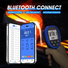 WapoRich Pyrometer 30:1 Non-Contact High Temp Thermometer Gun-58℉ to 2732℉ (-50℃ ~ 1500℃) IR Thermometer Gun with Mobile APP for Pizza ovens, Kiln, Forge RQ-1500APP【Not for Human】