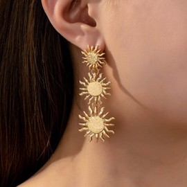 Inateannal Boho Sun Sunshine Dangle Earrings Gold Large Sunburst Earrings Statement Metal Sun Earring Long Sunflower Drop Earring Jewelry for Women