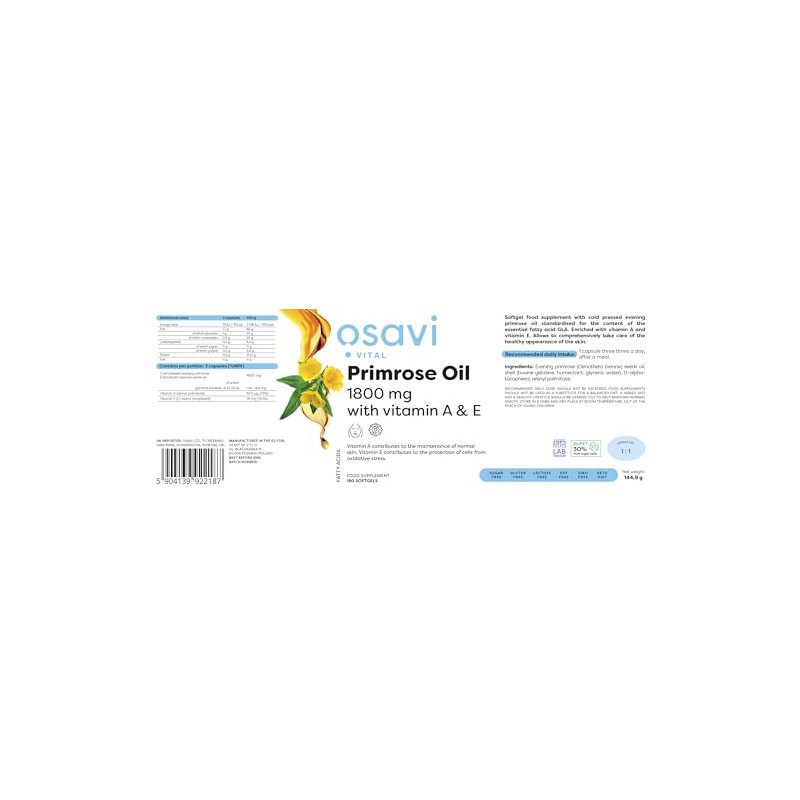 Osavi Primrose Oil with Vitamin A & E, 1800mg -