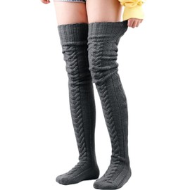 Wisafory Overknee Socks Women's Extra Long Knee Socks Warm Winter Socks Knitted Socks Striped Chunky Knit Thermal Socks Over Knee Stockings Thigh High Socks Tights Legwarmer, darkgray