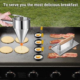 7 Pcs Griddle Breakfast Kit for Blackstone - Pancake Batter Dispenser for Griddle, Grill Press for Bacon, 4 Egg Rings/Pancake Molds, Basting Brush Compatible with Blackstone Griddles