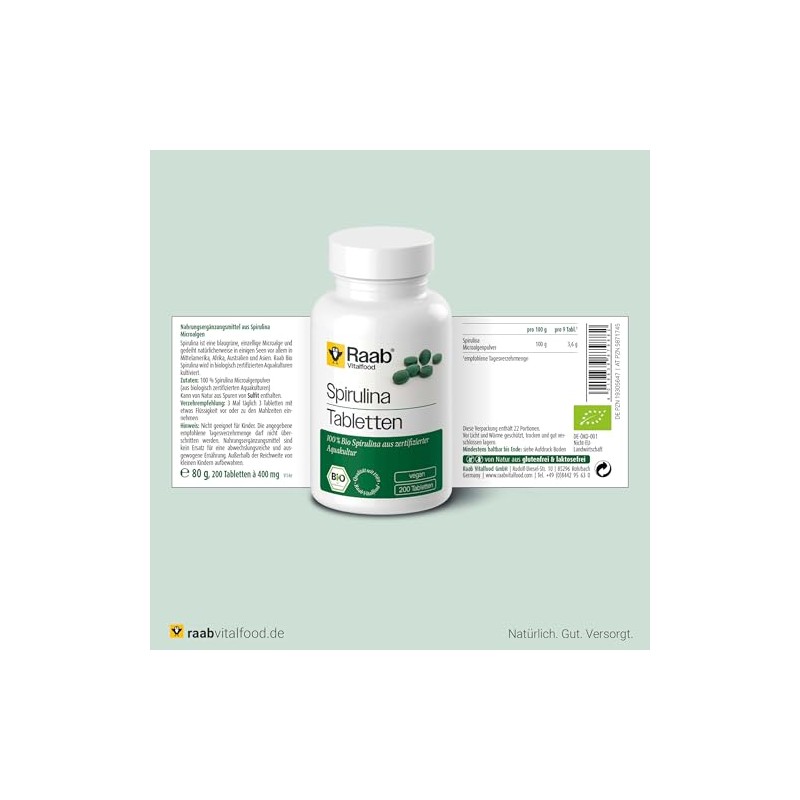 Raab Vitalfood Organic Spirulina Tablets, Pack of 200, Vegan, Laboratory