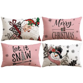Merry Christmas Throw Pillow Covers 12x20 Inch Set of 4, Santa Claus Snowman Let it Snow Pink Decorative Pillow Cases Winter Holiday Cushion Covers for Sofa Couch