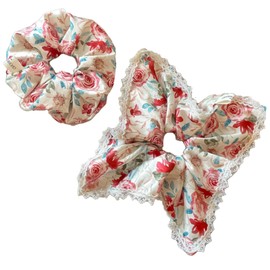 Qigfucm 2 Pack Vintage Floral Square Hair Scrunchies for Women Girls, Oil Painting Style Large Scrunchies Hair Ties, Cottage Core Buns Ponytail Holders for Wedding Party (Red Rose)