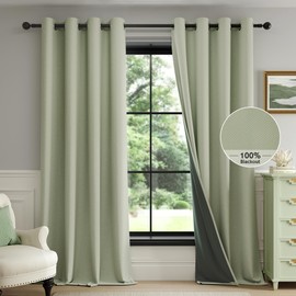 FMFUNCTEX 100% Blackout Curtains for Bedroom, Sage Green Geometric Weave Curtains 108 Inches Long Linen Textured Thermal Insulated Curtains Living Room, Black Out Drapery Grommet 2 Panels