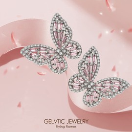 GELVTIC Butterfly Earrings for Women Gold Crystal Earrings Fashion Cubic Zirconia Sterling Silver Stud Earrings Hypoallergenic Drop Dangle Cute Earring for Lover Jewelry (8FBAEA95-Silver Pink)