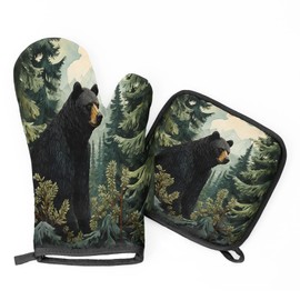 TULIMET Black Bear Forest Wild Animals Oven Mitts and Pot Holders Sets, 2 Pcs Decorative Kitchen Oven Glove for Cooking