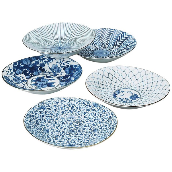 Saikai Pottery Traditional Japanese Ai-e (Ukiyo-e) Indigo Patterns Porcelain Plates (5 Plates Set) 31302 from Japan