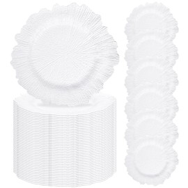 50 Pcs White Charger Plates Bulk 13 Inch Plastic Plate Chargers with Floral Reef Design Round Ruffled Rim Dinner Floral Decorative Plates for Dinner Wedding Party Event Table Setting Decoration