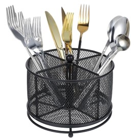 MAQUITA 360° Rotating Metal Utensil Caddy - 4 Compartment Silverware Cutlery Holder Rotation Fork Spoon Napkin Organizer Flatware Storage Basket Party Countertop Buffet Picnic Camping Outdoor Black