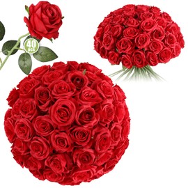 Luyue 40PCS Fake Roses Artificial Flowers with Stems Silk Fake Flowers Bouquet Artificial Long Stem Red Roses in Bulk for Wedding Centerpiece Floral Arrangement Home Decor