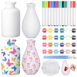 Singhoow 4 Set Mothers Day Crafts Paint Your Own Porcelain Paint Vase Art Project White Ceramic Painting Kit for Adults Porcelain Vase Decorating Kit with Art Supplies DIY(Charming)