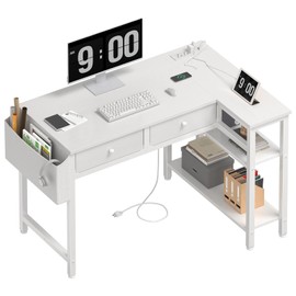 DLisiting White L Shaped Desk with Drawers & Storage Shelves, 40 Inch Small Corner Desk with Power Outlet for Small Space Home Office, Study Work PC Desks for Bedroom