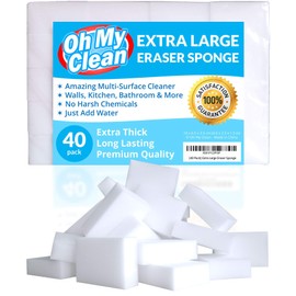 (40 Pack) Extra Large Eraser Sponge - Extra Thick, Long Lasting, Premium Melamine Sponges in Bulk - Multi Surface Power Scrubber Foam Cleaning Pads - Bathtub, Floor, Baseboard, Bathroom, Wall Cleaner