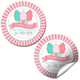 Cotton Candy Sweet Celebration Themed Birthday Thank You Sticker Labels for Kids, 40 2" Party Circle Stickers by AmandaCreation, Great for Party Favors, Envelope Seals & Goodie Bags