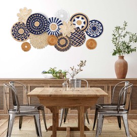 Xuhal 15 Pcs Boho Wall Basket Decor Handcrafted Seagrass Woven Wall Basket Rustic Round Woven Hanging Art for Home Farmhouse Kitchen Table Living Room(Blue Classic Style)