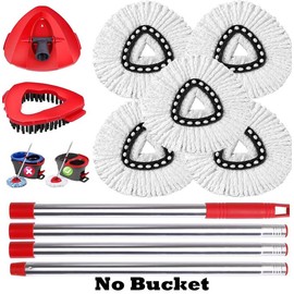 Spin Mop Head and Brush Replacement Compatible with O Cedar EasyWring 1-Tank System, 4 Mop Replace HeadsReplace Heads, 1 Mop Handle, 1 Mop Base and 1 Mop Base Scrub Brush Combo Set:_Spin Mop Replacement Kit with 5Pads