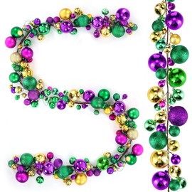 VioraWhite 6Ft Mardi Gras Bead Garland Decoration Ball Ornaments Glitter Purple Gold Green Bulb Garland for Festive Party Supplies Indoor Outdoor Home Carnival Decoration Accessories