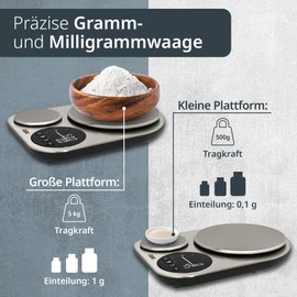 ADE Küchenwaage digital mit 2 Plattformen 5kg/1g & 500g/0,1g | duale Präzisionswaage auf 0,1g genau | Feinwaage für die Küche | perfekt als Kaffeewaage oder zum Brot backen | 5 kg Tragkraft