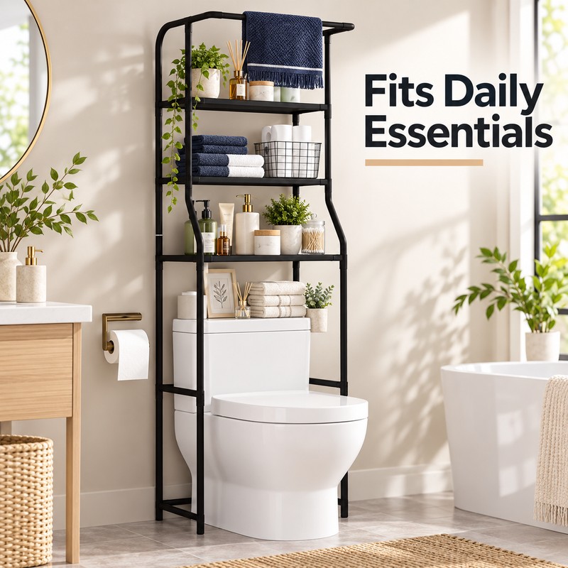 4-Tier Over Toilet Storage Rack with Basket – Freestanding Black