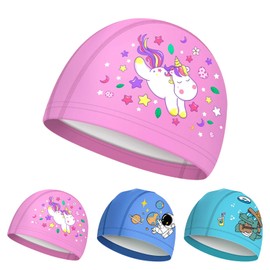 CutitiUU 3 Pack Kids Swimming Cap Cute Printed PU Coated Swimming Cap,Swimming Hat Kids,Waterproof Ear Protection Boys And Girls Universal Pu Swimming Hat,Stretchy Swim Hat for Age 4-10